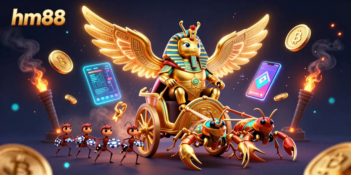 Engage in the thrilling action of hm88 with a vibrant casino-themed digital illustration showcasing a colossal scarab beetle.