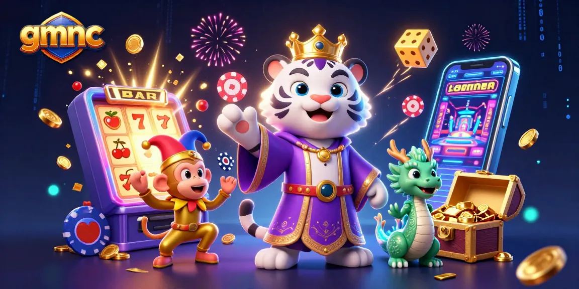Spin for thrills with gmnc in the vibrant world of online gaming featuring slot machines and cartoon characters.