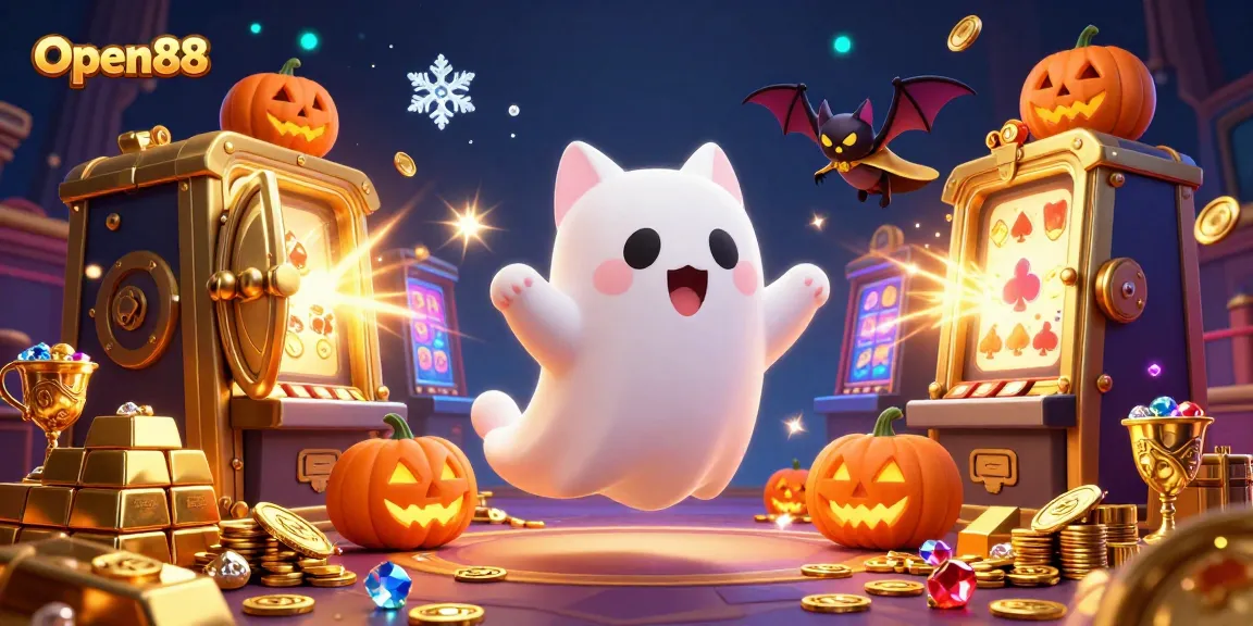 Open88's lively casino scene showcases a ghost cat and vampire bat amidst gold treasures.