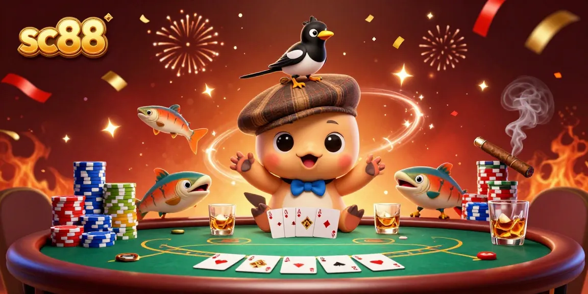 Engage with sc88 casino games in a vibrant scene featuring cute Nessie, poker chips, and lively atmosphere.