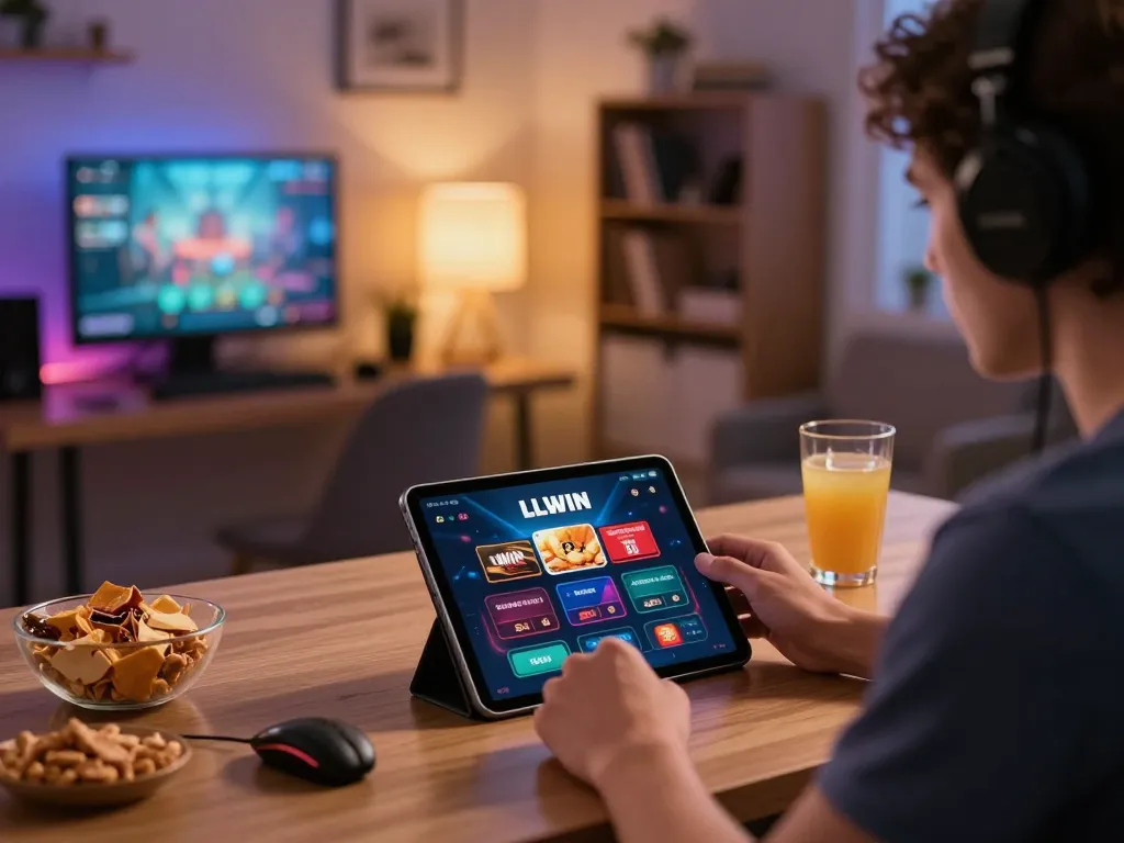 Player using LLWIN app on tablet in cozy home office during online gaming session