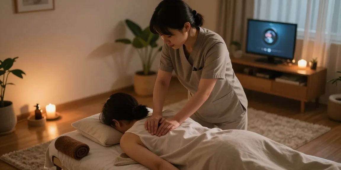 Calm evening home massage scene showcasing 의정부출장마사지 services with a professional therapist and relaxing environment.