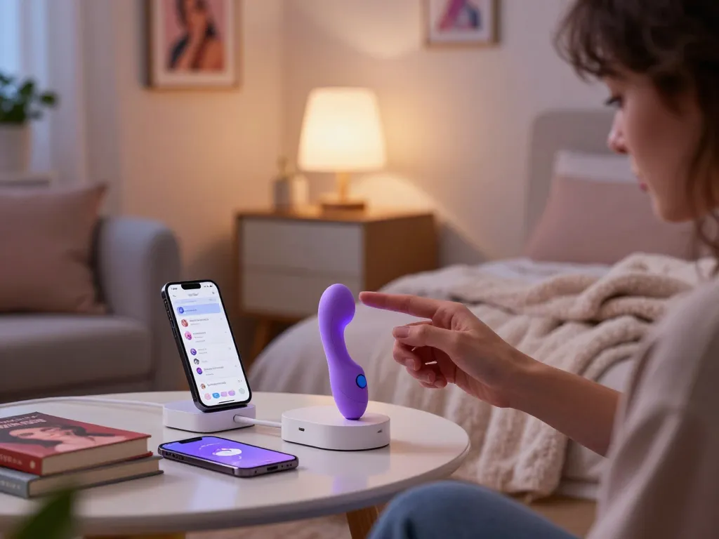 Exploring ai sex technology in a modern intimate bedroom with an AI-enabled device and smartphone app.