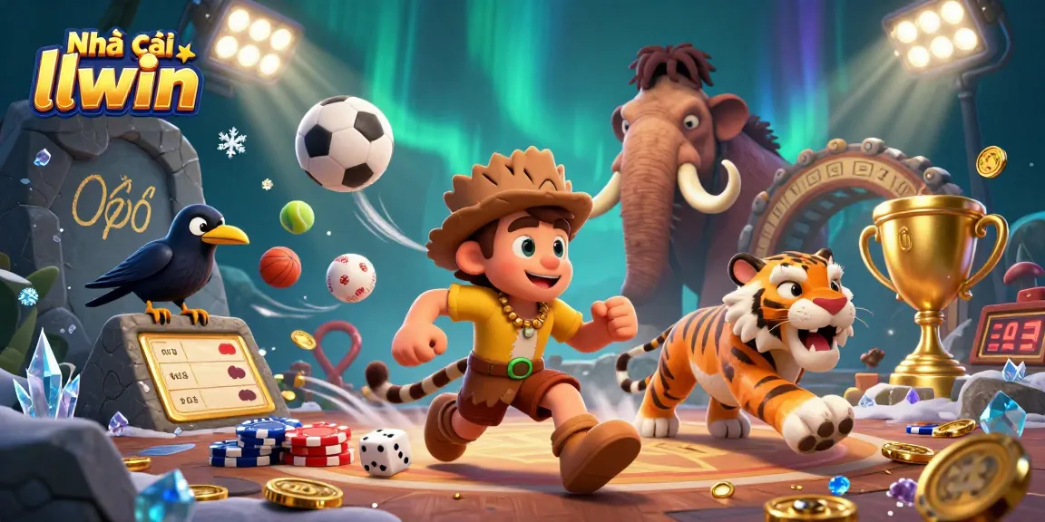 Engage in lively gaming at Nhà cái llwin with a vibrant 3D casino scene showcasing prehistoric characters and dynamic game elements.