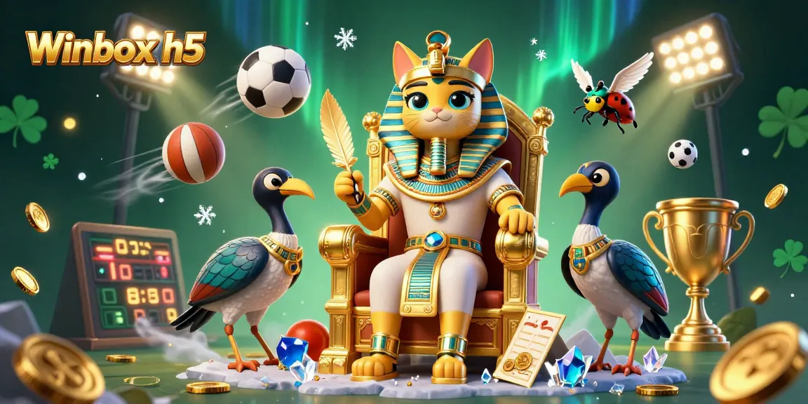 Winbox h5 showcases a vibrant scene with a pharaoh cat and sports elements in a dynamic casino environment.