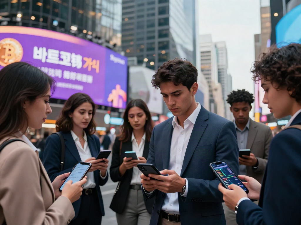 비트코인 가격을 확인하는 투자자들과 함께 활기찬 금융 지구 풍경