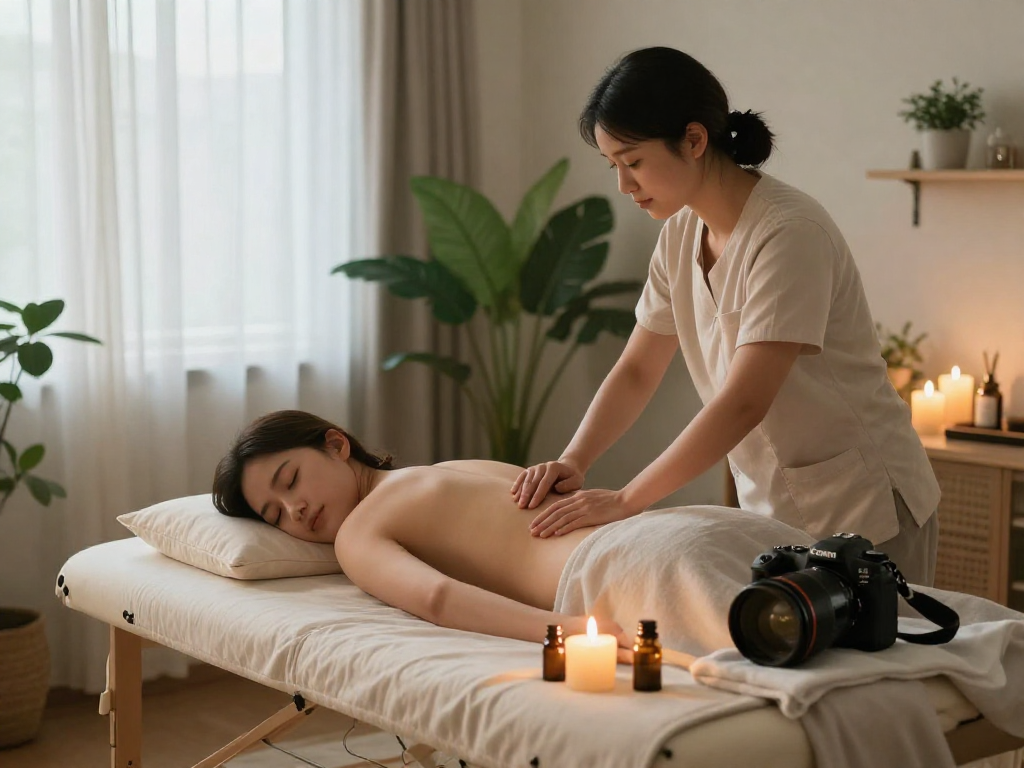 Client receiving 마포출장마사지 in a peaceful living room setting with candles and plants.