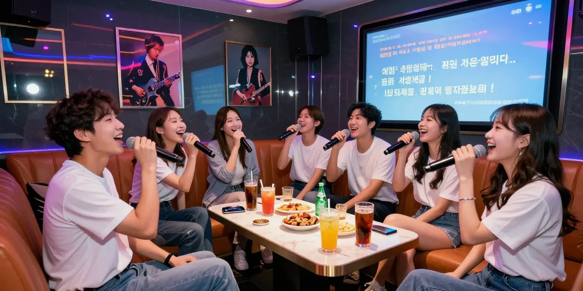 강남가라오케에서 친구들과 함께 노래를 부르며 즐거운 시간을 보내는 모습