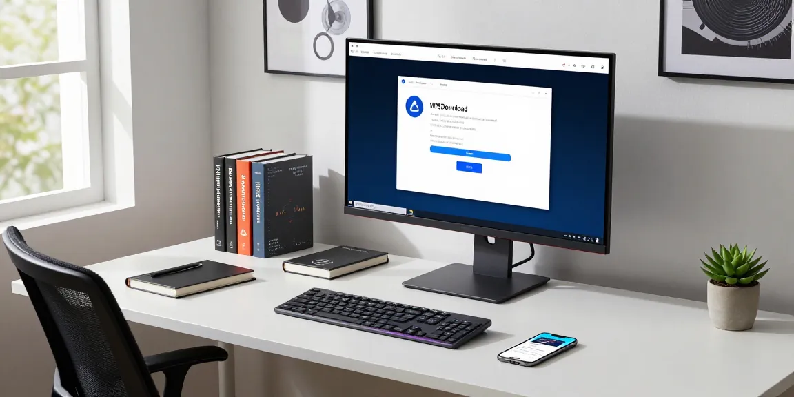 WPS Download interface on a professional's monitor in a modern tech workspace with stylish decor.