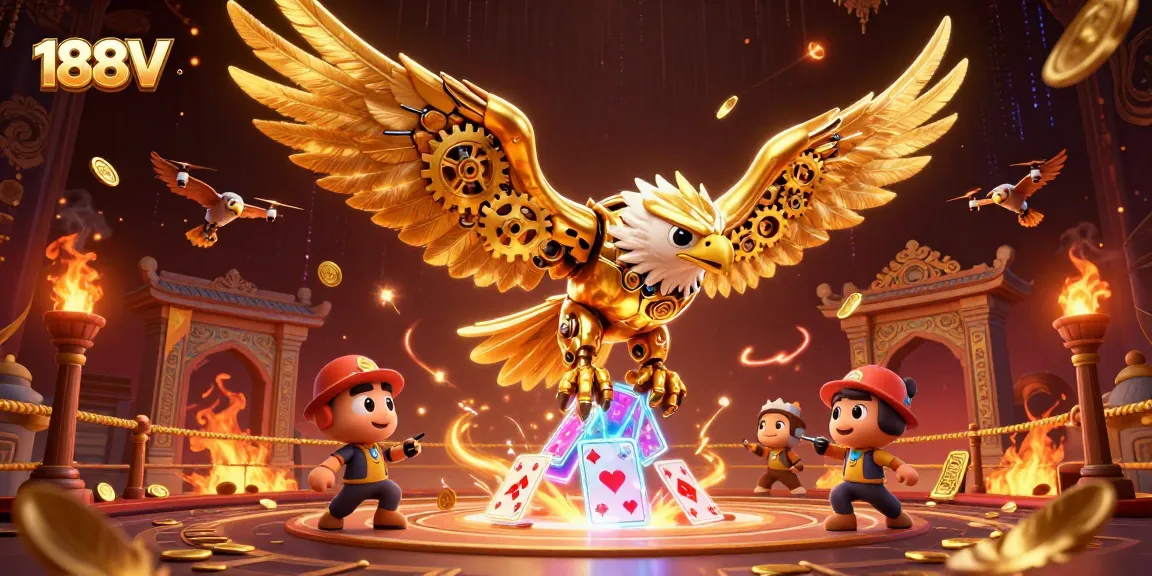 Bet on 188V with an exciting cybernetic eagle soaring through holographic playing cards.