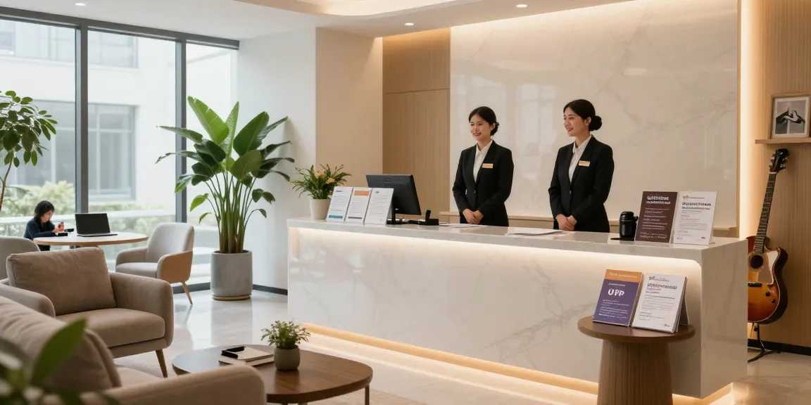 Welcoming OP service reception area with friendly staff, modern decor