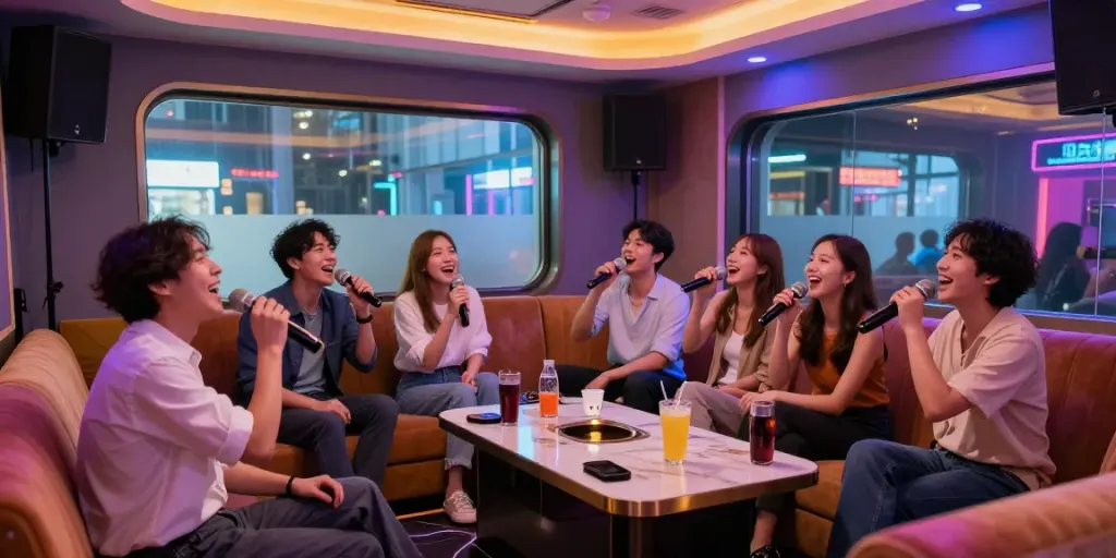 강남 달토 가라오케에서 즐거운 시간을 보내는 손님들, 노래와 웃음으로 가득한 실내 모습