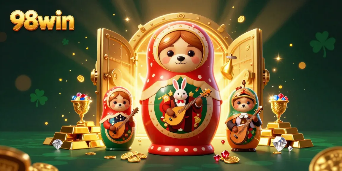 Play at 98win's vibrant casino scene with a charming bear and stunning treasures.