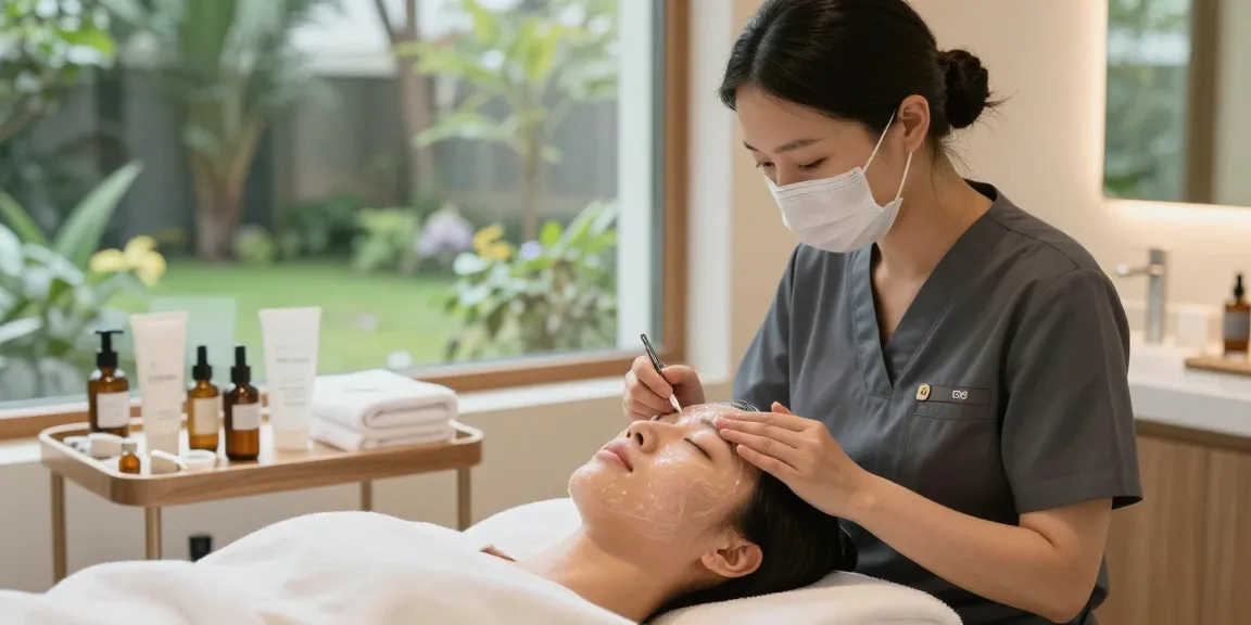 물광필링 시술을 받는 고객과 전문가의 모습, 편안한 스파 환경에서 진행되고 있는 시술