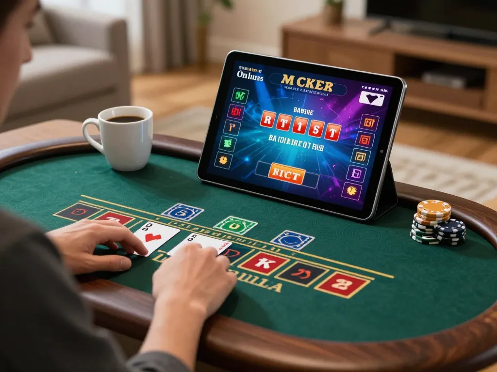 Engaging in live dealer baccarat with link vào o8 on a tablet in a stylish home setting