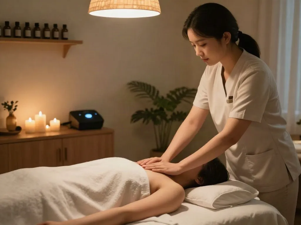 강남출장 서비스 중인 마사지 therapist의 손으로 편안함을 주는 마사지 장면