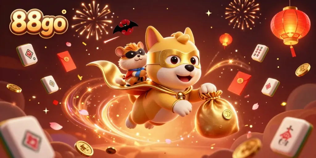 Engage with the lively action of 88go in this vibrant casino-themed 3D digital illustration featuring a superhero dog.