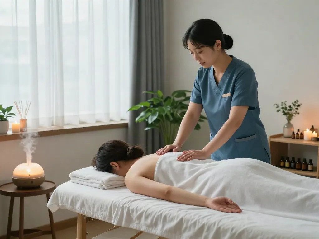 Relaxing 남양주출장마사지 in a tranquil wellness center, showcasing soothing decor and therapy atmosphere.