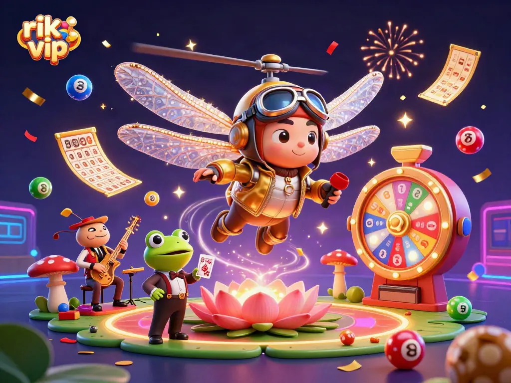 Engage with rik vip games with lively characters and dynamic casino elements in an action-packed scene.