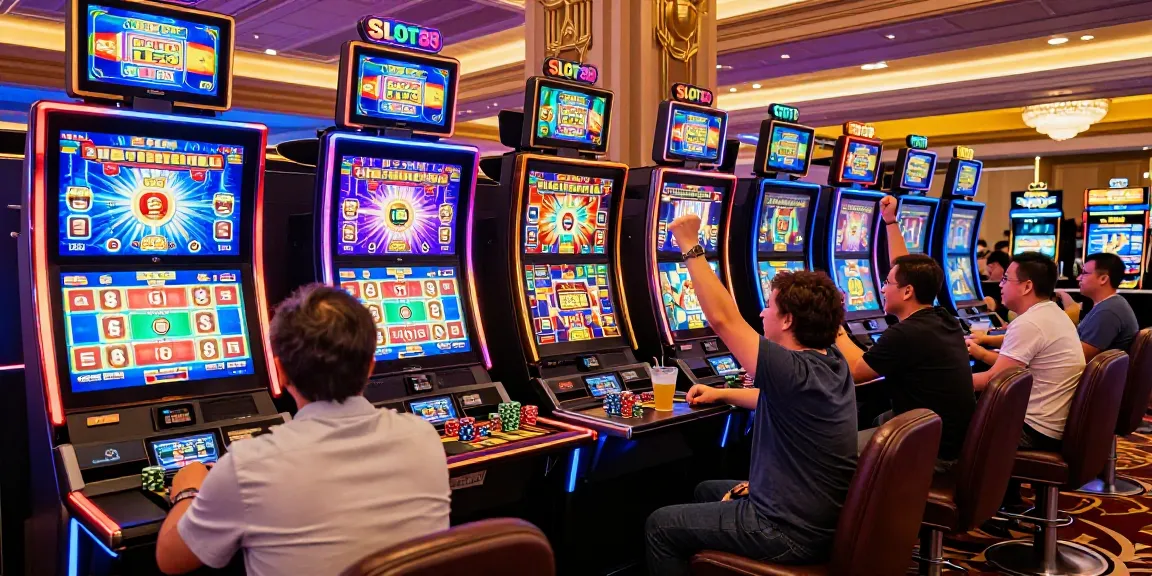 Players enjoying exciting slot games at SLOT88 resmi casino, capturing vibrant energy and colorful graphics.
