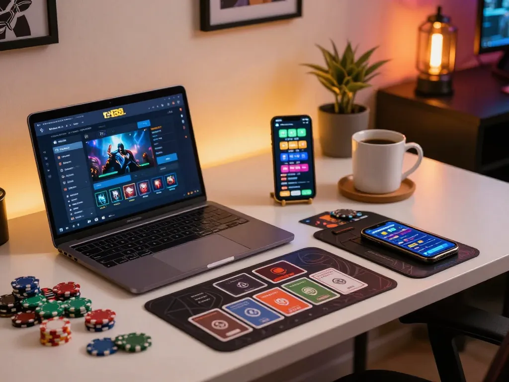 Engaging online gaming setup on tr88.com with laptop and strategic betting elements