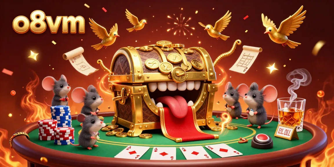 Engage in thrilling gameplay with o8vm’s vibrant casino scene featuring a treasure chest and poker elements.