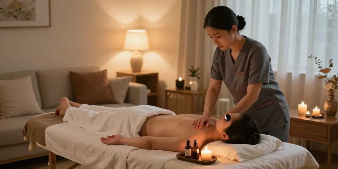 러시아마사지 세션을 위한 아늑한 공간, 마사지 치료사가 편안한 환경을 조성하고 있는 모습