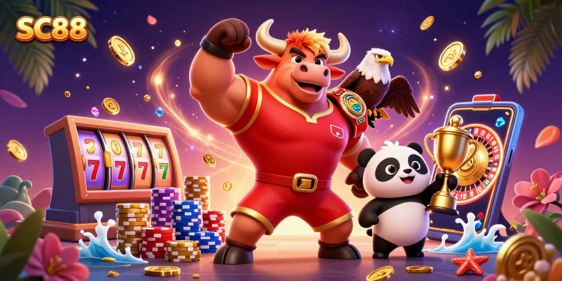 Engage with SC88 amidst a vibrant casino scene celebrating wins with vivid characters and gaming excitement.