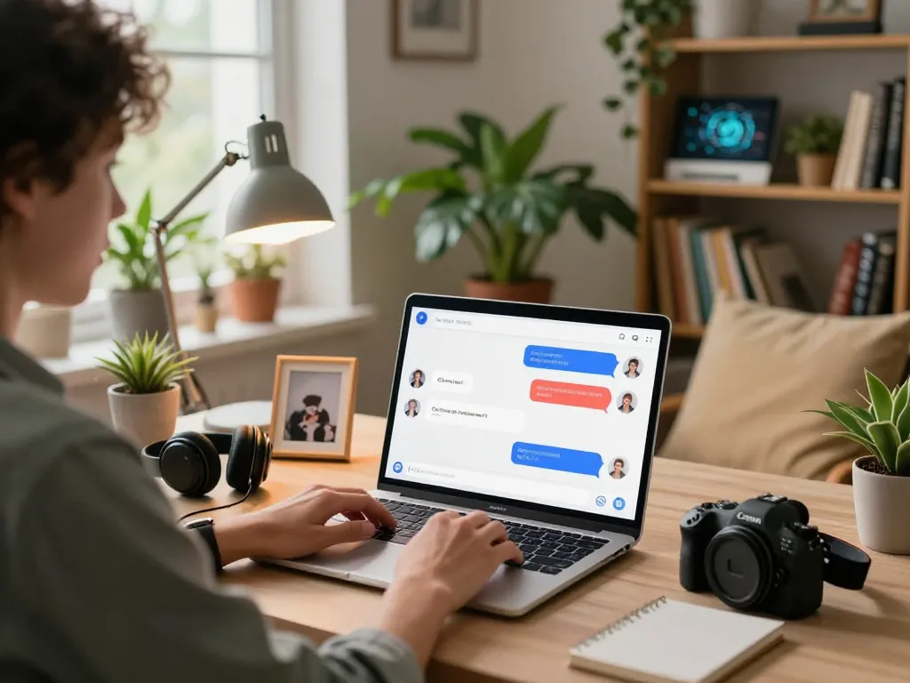 Exciting conversation with an nsfw chat bot on a cozy laptop setup, showcasing a colorful AI interface.