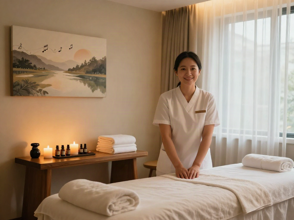 Relaxing massage room setup for 용인출장마사지 service, featuring aromatic candles and a soothing atmosphere.