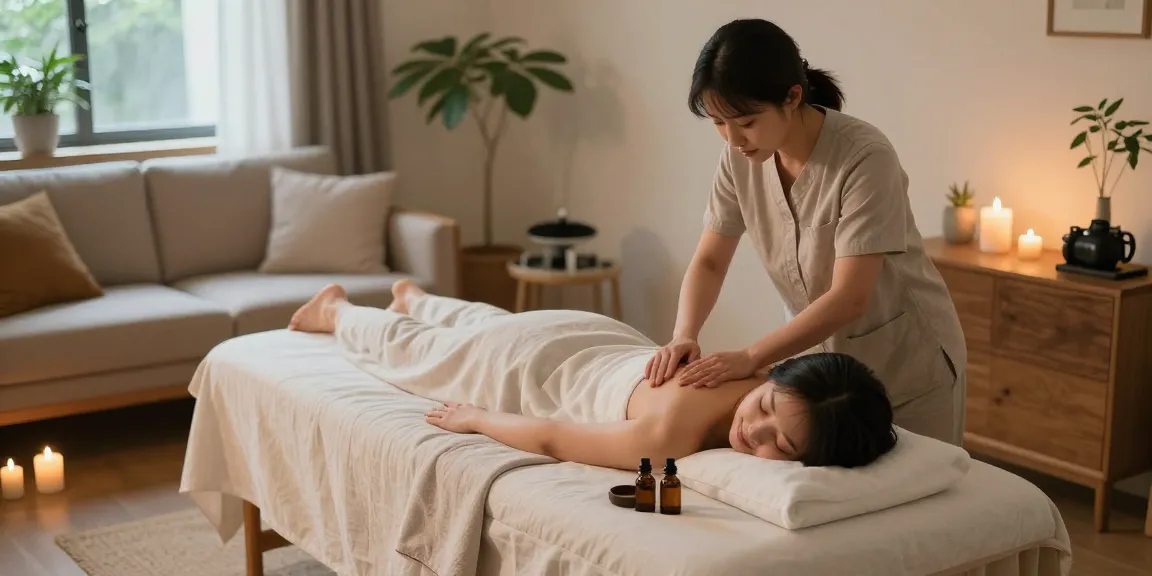 Relaxing 김포출장마사지 session in a cozy living room with professional therapist setting up a tranquil atmosphere.