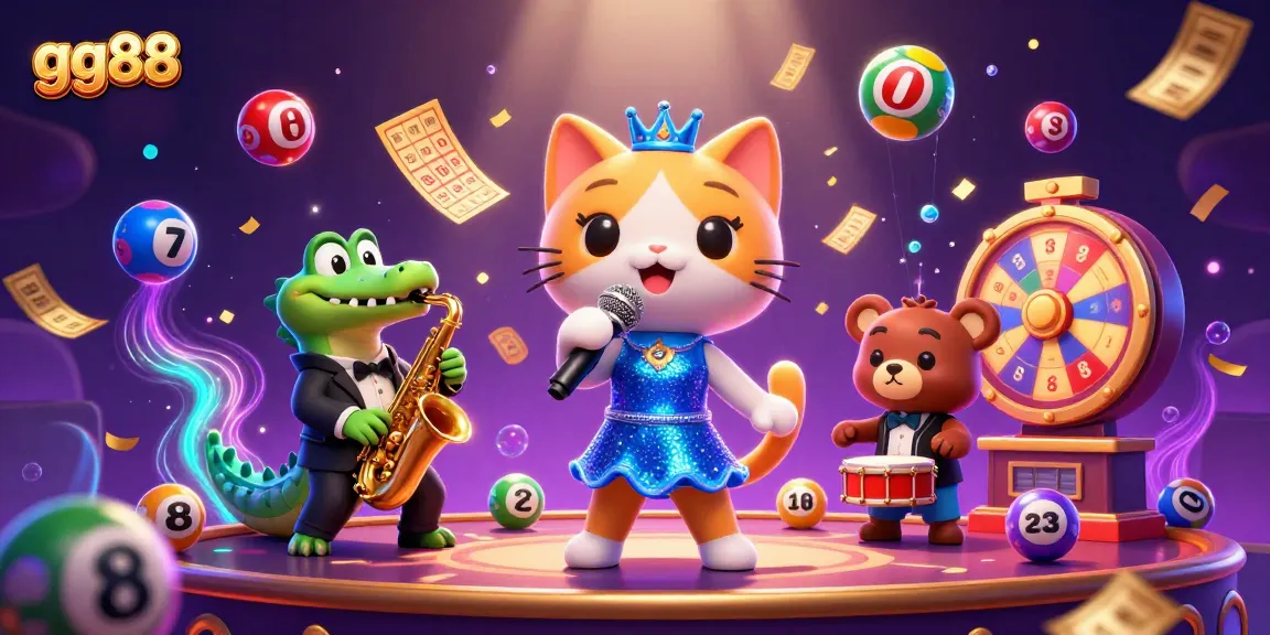 Experience thrilling jackpot action at gg88 with a vibrant 3D casino scene showcasing a singing cat, saxophonist crocodile, and drummer bear.