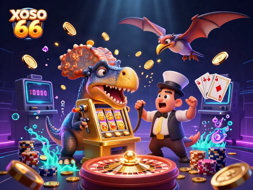 XOSO 66 features a playful scene of a pachycephalosaurus winning jackpot coins from a golden slot machine amid flying coins and vibrant casino elements.