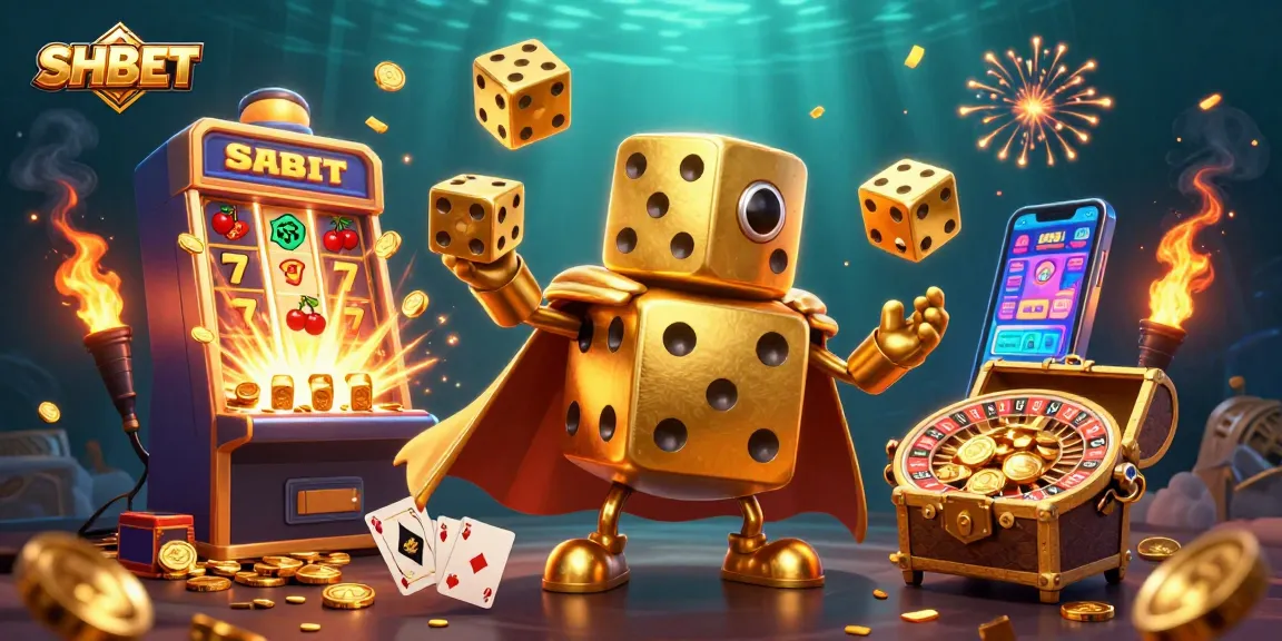 SHBET's exciting casino adventure features a golden dice golem surrounded by thrilling gaming elements and jackpots.
