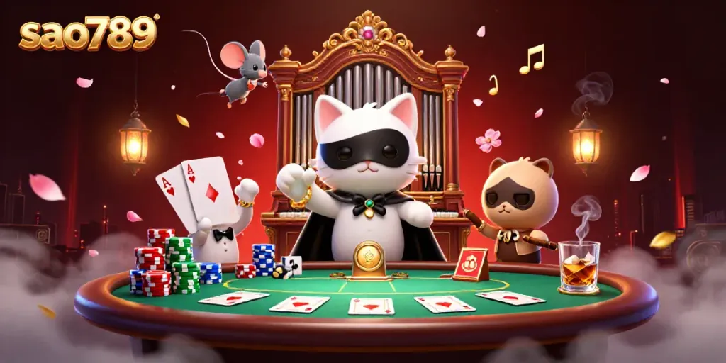 Visualize an enchanting casino scene with sao789, featuring a masked cat and a mouse acrobat amidst rich game elements.