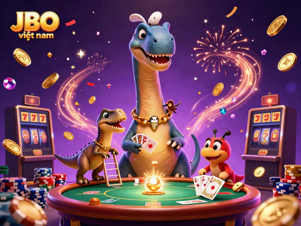 Engage with JBO việt nam's vibrant casino scene featuring a towering brontosaurus and clever raptor dealer.