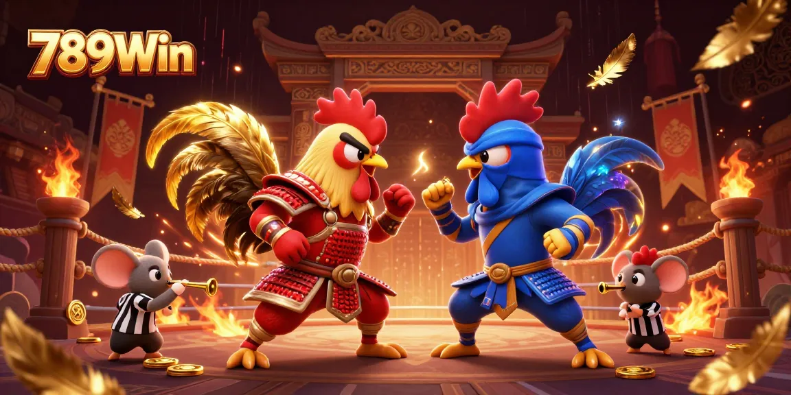 Engage in thrilling action at 789Win with samurai and ninja roosters in a vibrant casino showdown.