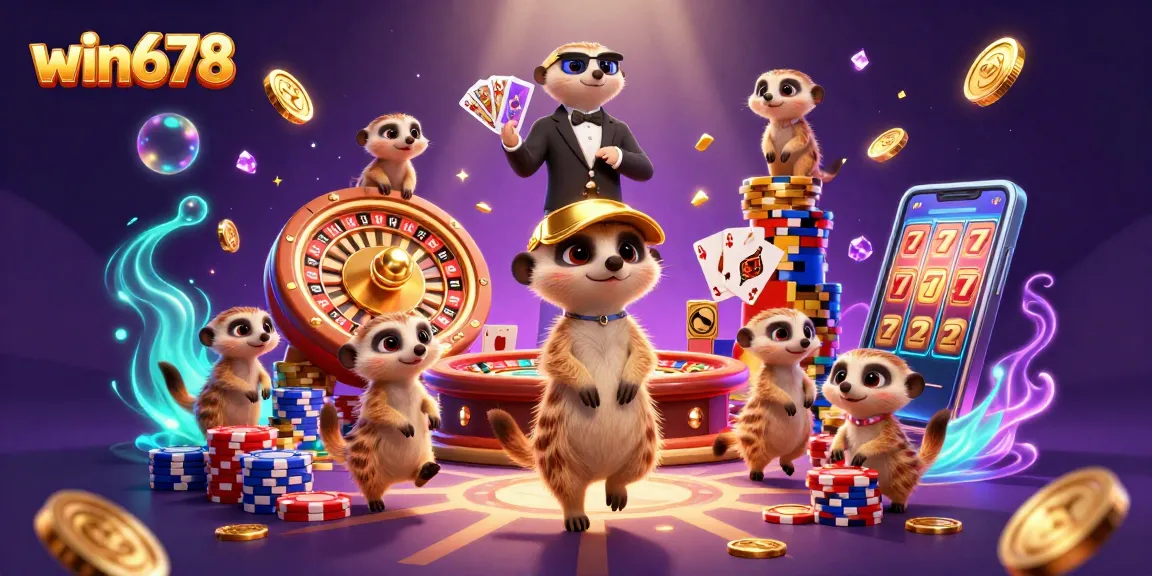 Win678 watch as adorable meerkats perform at a lively casino scene, filled with vibrant chips and games.