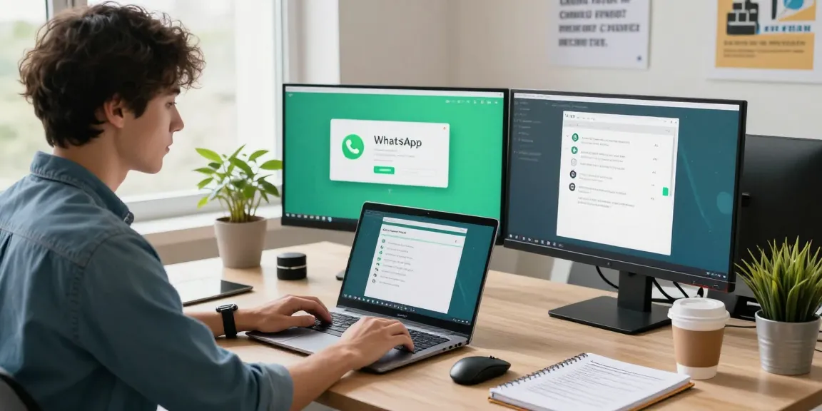 Dynamic workspace with WhatsApp網頁版 on dual monitors, showcasing productivity and digital communication.