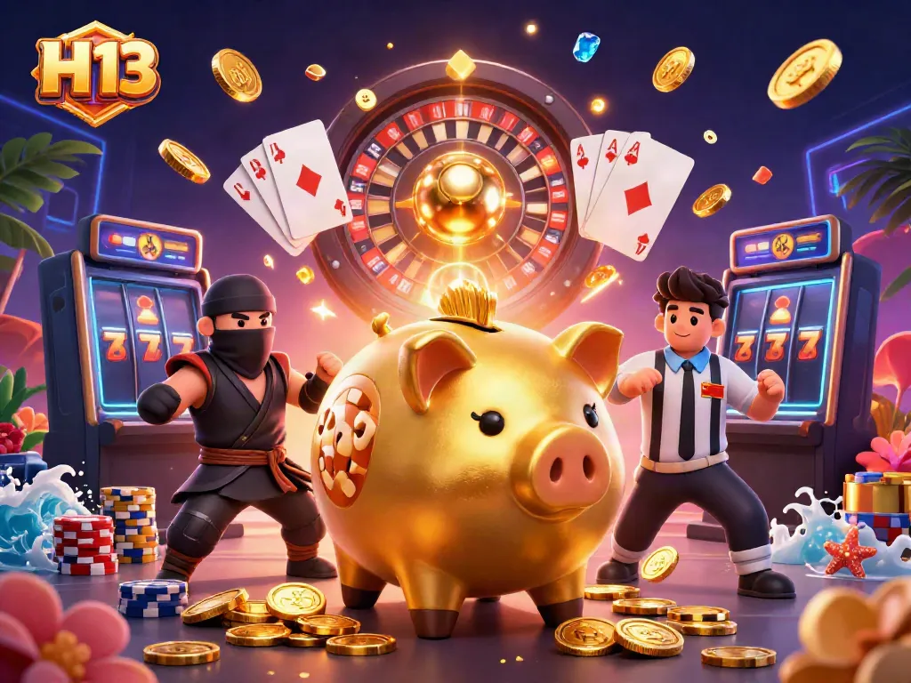 Experience thrilling action at H 13 with a golden piggy bank sumo wrestler crushing coins in a vibrant casino scene.