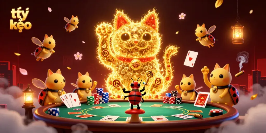 Bet on tỷ lệ kèo while witnessing a lucky cat made of fireflies celebrating various casino symbols.