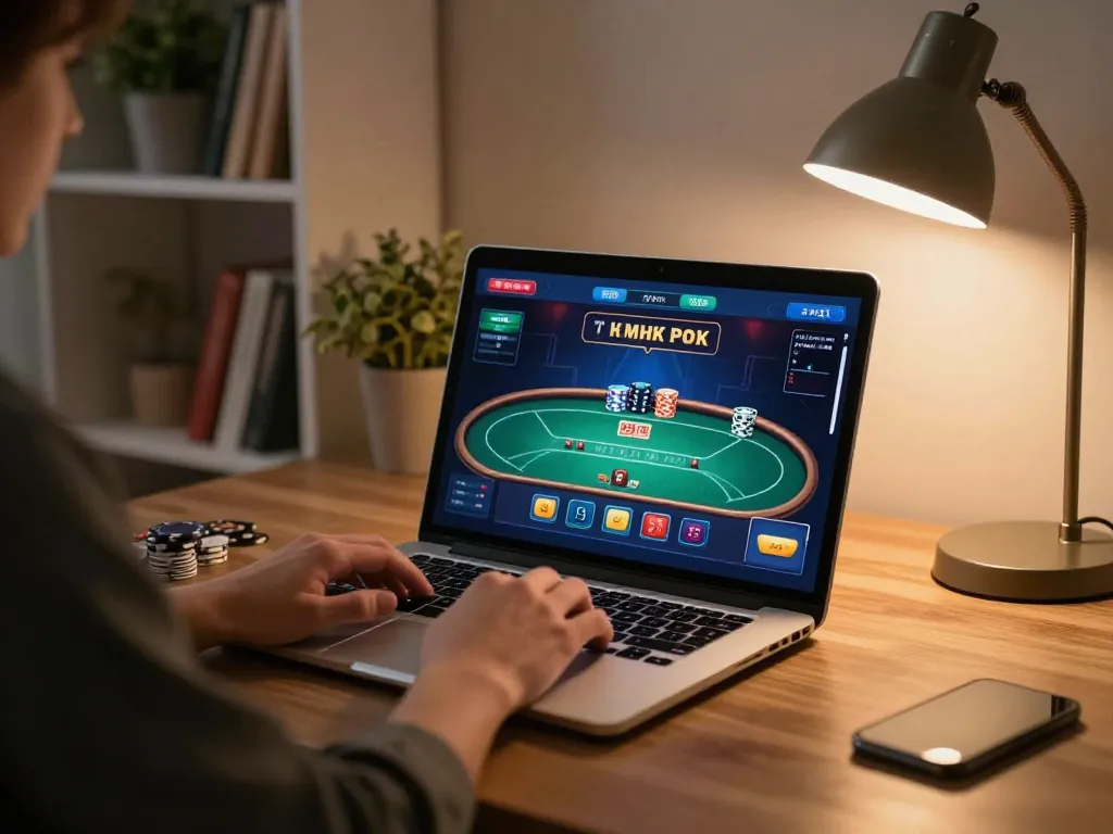 Player engaged in online poker at home, exploring game đổi thưởng uy tín while managing bankroll and strategies.