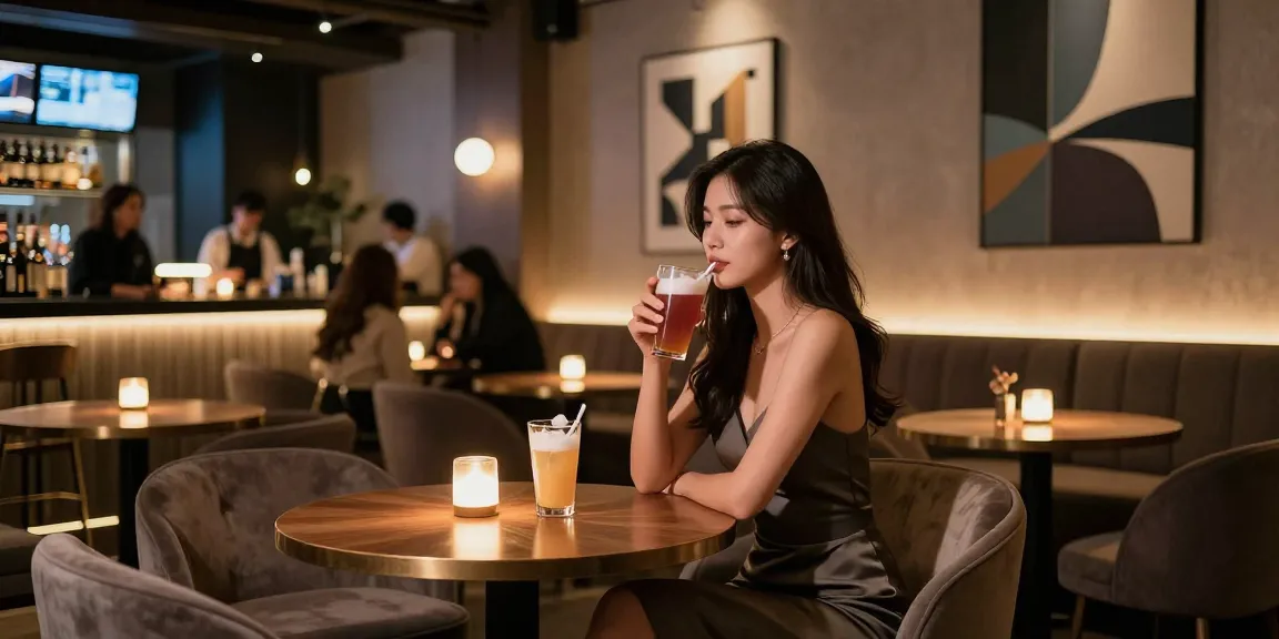 강남 구구단에서 프리미엄 음료를 즐기는 세련된 여성의 모습